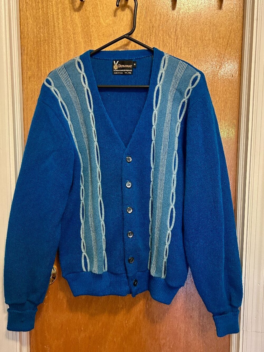 Vintage 60s / 70s mohair cardigan bright blue striped men’s medium